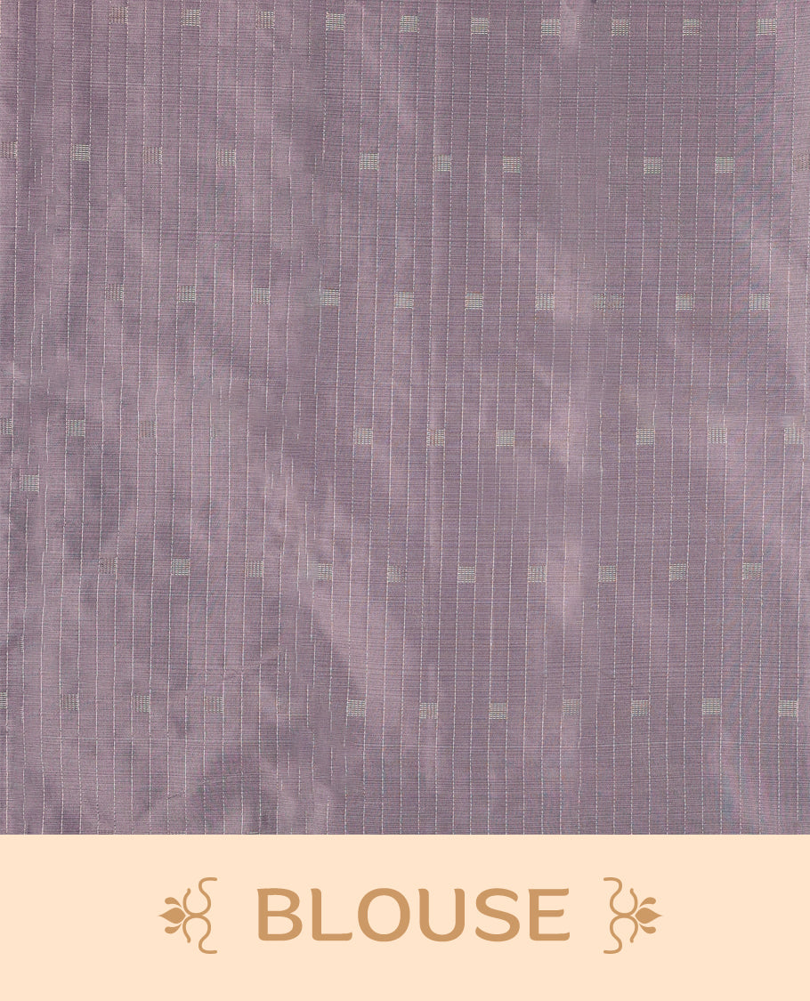 Greyish Purple colour semi silk saree features a subtle checkered pattern woven with delicate threadwork across the body, crafted without a border and paired with a matching blouse