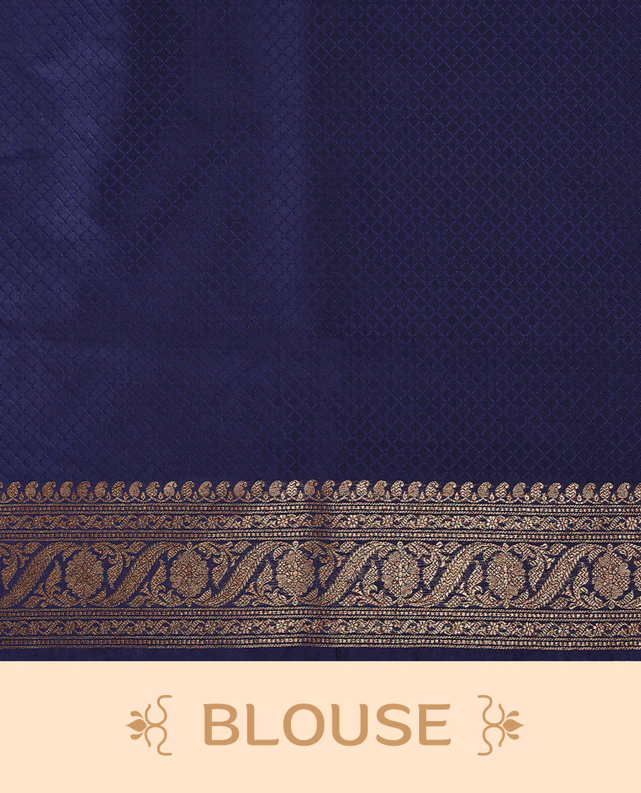 Navy blue colour semi Banaras Katan silk saree featuring intricate Antique Bronze zari floral and vine patterns woven throughout the body, enhanced with a rich traditional border and detailed pallu, paired with a matching blouse piece.