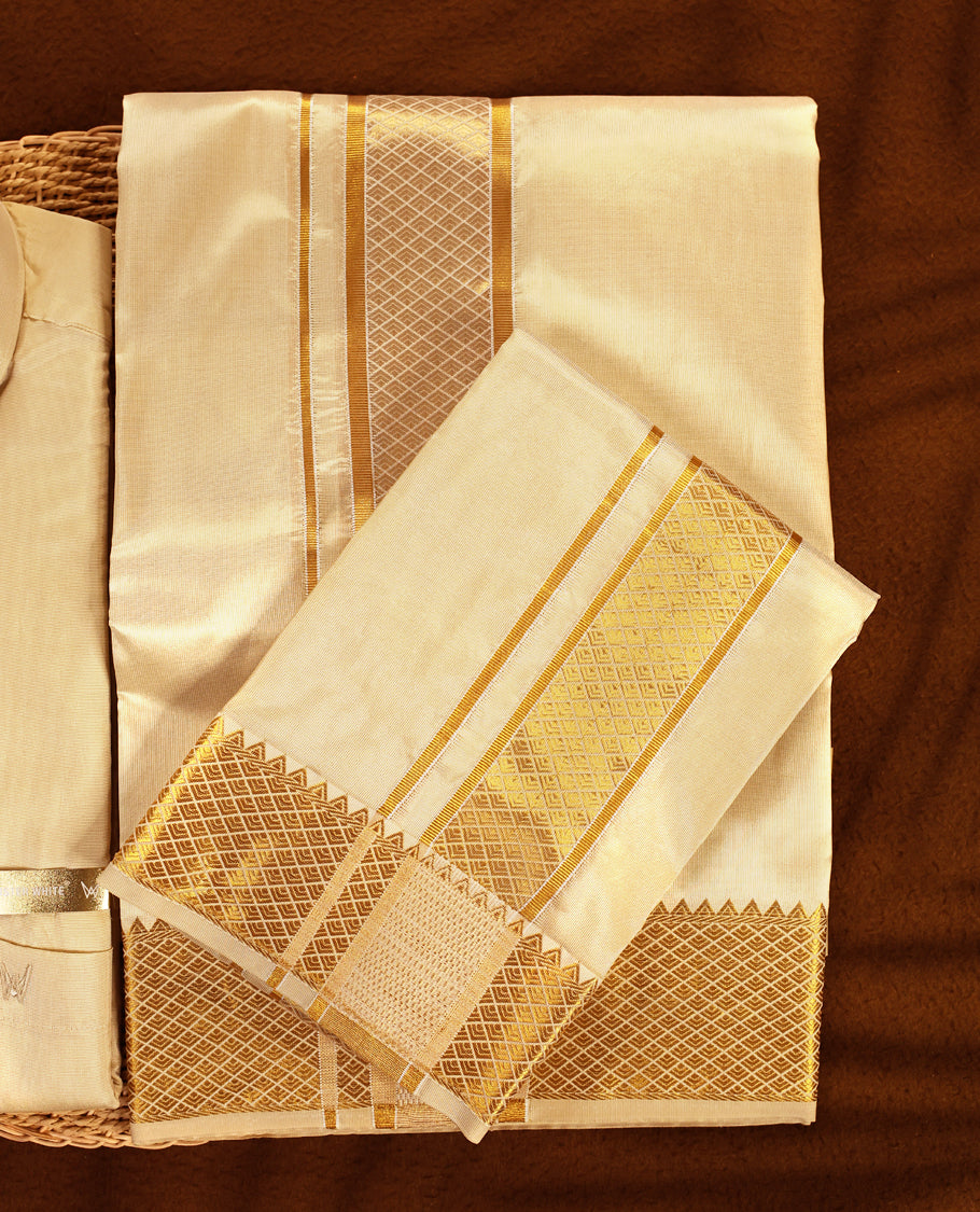 Fawn gold coloured silk wedding shirt, dhoti, and towel set from MINISTER WHITE, adorned with an elegant gold zari border, making it an ideal choice for weddings, festive occasions, and traditional celebrations.