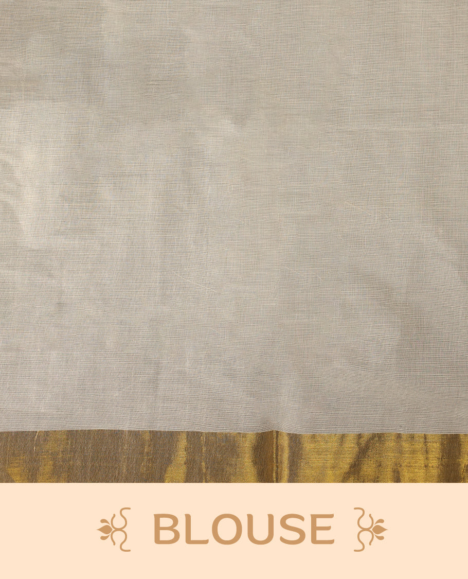 Elegant off white colour cotton Kerala saree with vibrant floral embroidery, golden zari border, and delicate pallu work, Perfect for festive occasions & paired with matching blouse for traditional events, or cultural celebrations.
