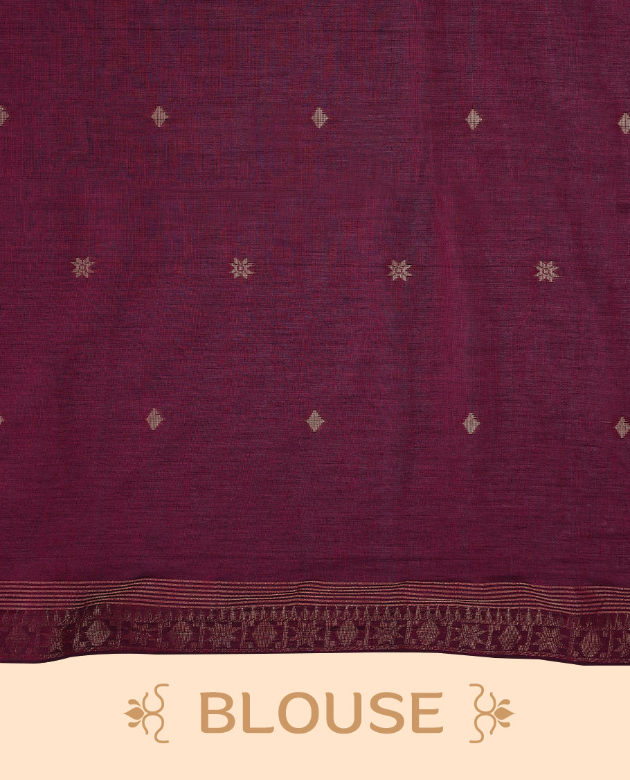 Deep Magenta colour soft khadi cotton saree with small Beige Zari Flower motifs on the body, detailed woven Gold zari border, paired pallu with tussles, with matching blouse.