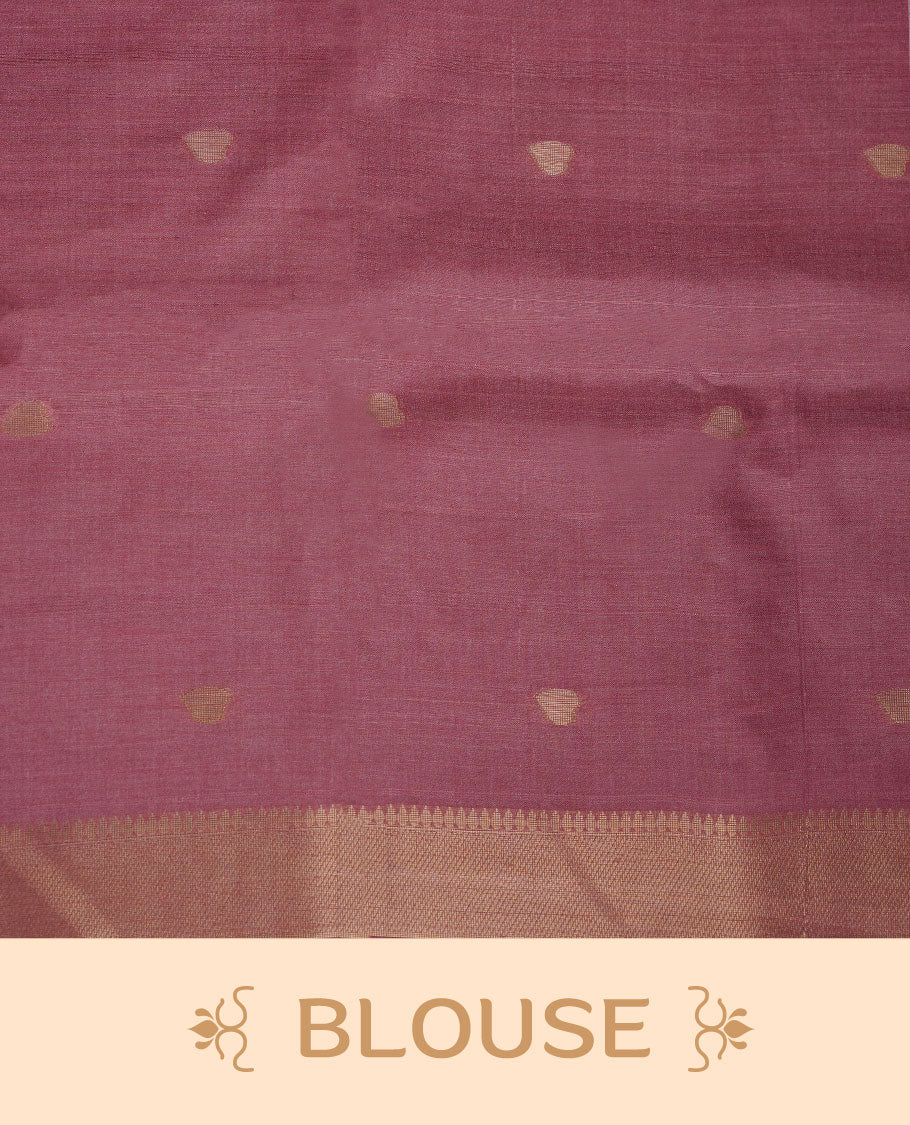 Pink colour semi jamdani tussar saree featuring woven Floral kodi & butterfly motifs on the body, complemented by a self colour without border pallu, paired with a matching blouse.