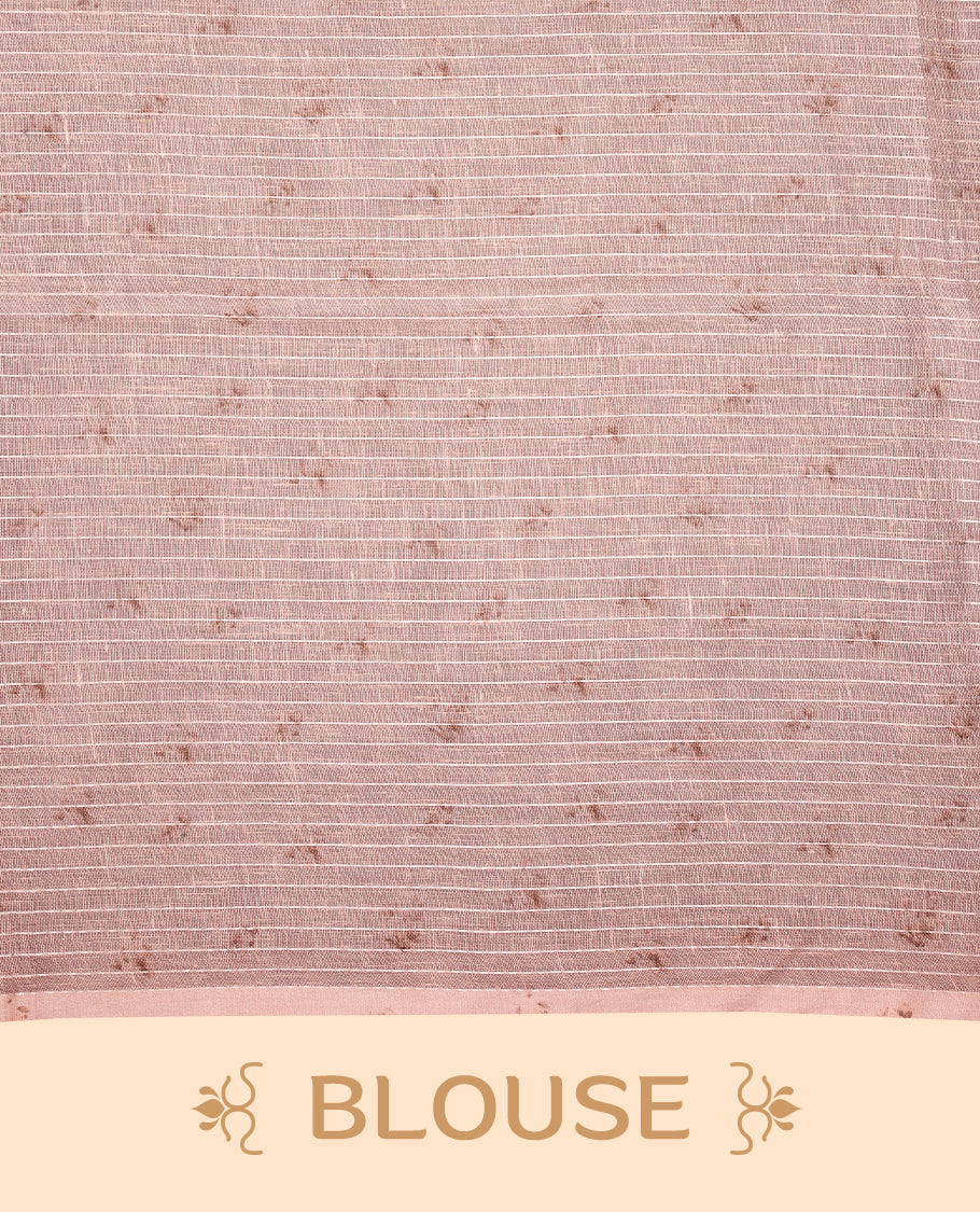 Light Pastel Peach colour pure linen saree featuring elegant floral prints in earthy tones all over the body, finished with a minimal border and comes with a matching blouse