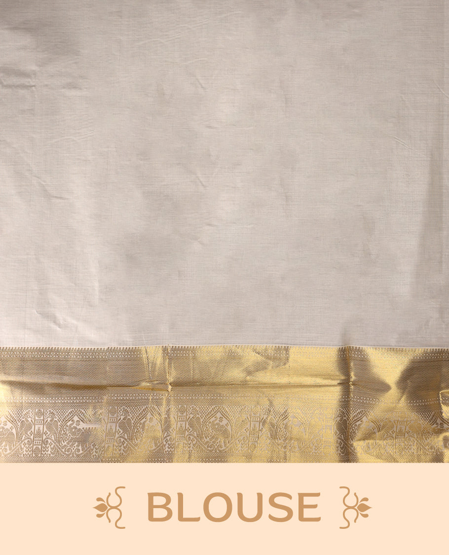 Elegant off white colour cotton Kerala saree with golden buttas, rich zari border, and intricately woven pallu featuring floral and temple motifs. Perfect for festive occasions, paired with a matching blouse.