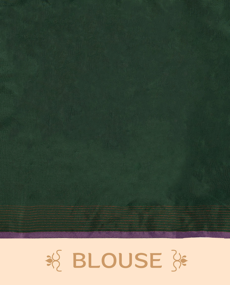 Lavender colour semi-stitched traditional half saree in semi Banarasi silk, featuring a checked design with a Bottle Green bordered skirt. It is paired with a Rangoli georgette drape and comes with a blouse that matches the skirt’s border.