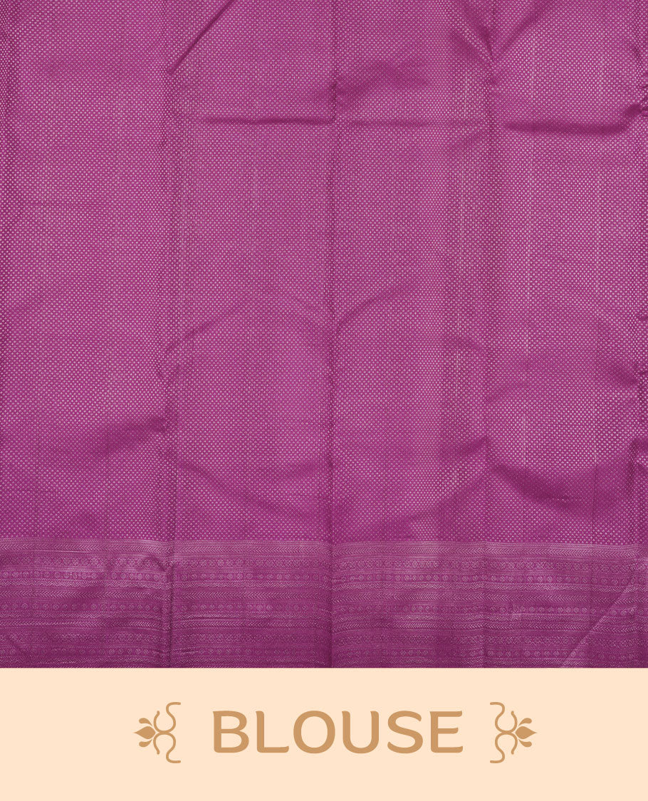 Magenta colour Kanchipuram pattern Manthrakodi saree adorned with antique copper zari floral creeper design featuring traditional peacock and elephant motifs, complemented by a rich zari jacquard border and blouse piece.