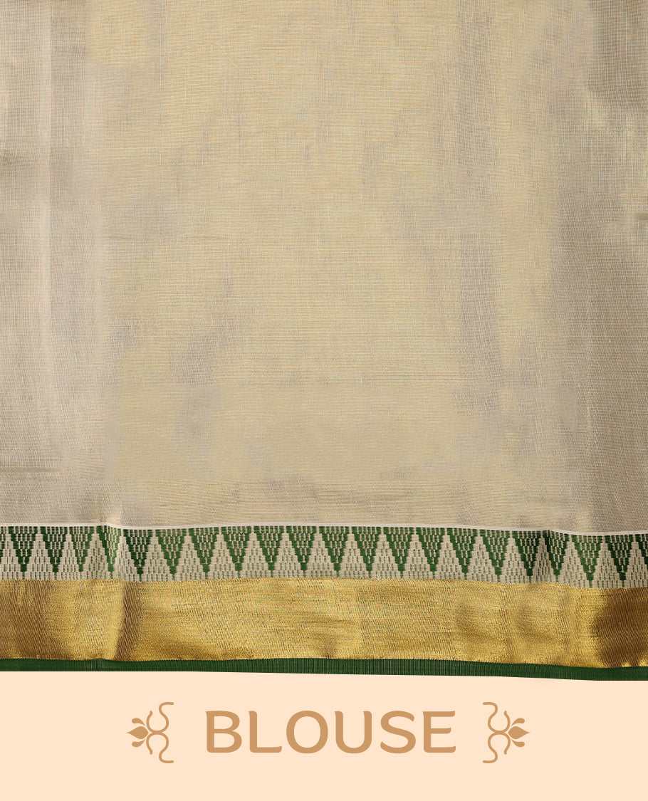 Elegant Light Gold colour Tissue Kerala saree featuring Plain body and traditional golden zari kasavu border with Green colour temple work offering a classic and graceful look, paired with a matching blouse.