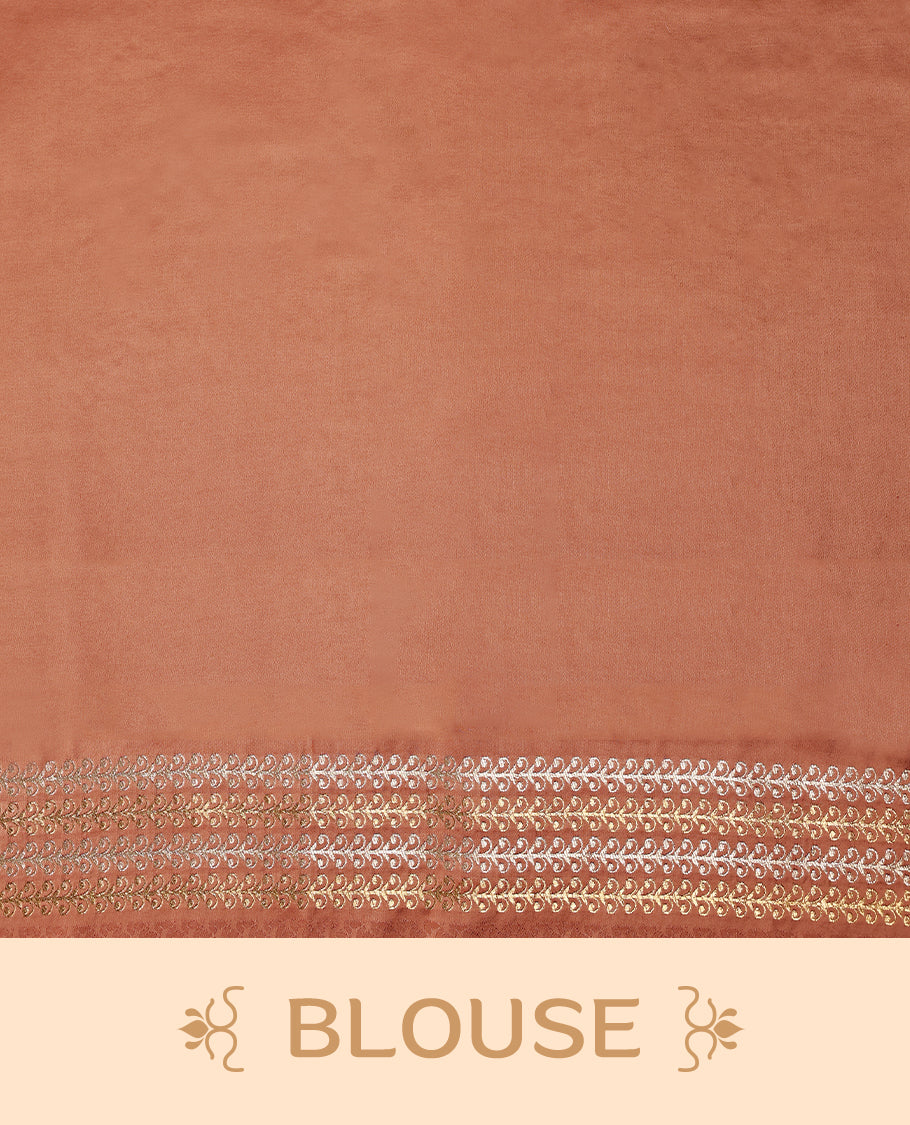 Pastel Brown colour pure Banaras crepe saree showcases elegant silver zari Flower Motifs all over the body, a traditional Banarasi gold zari border, a rich intricately woven pallu, and comes with a matching blouse.