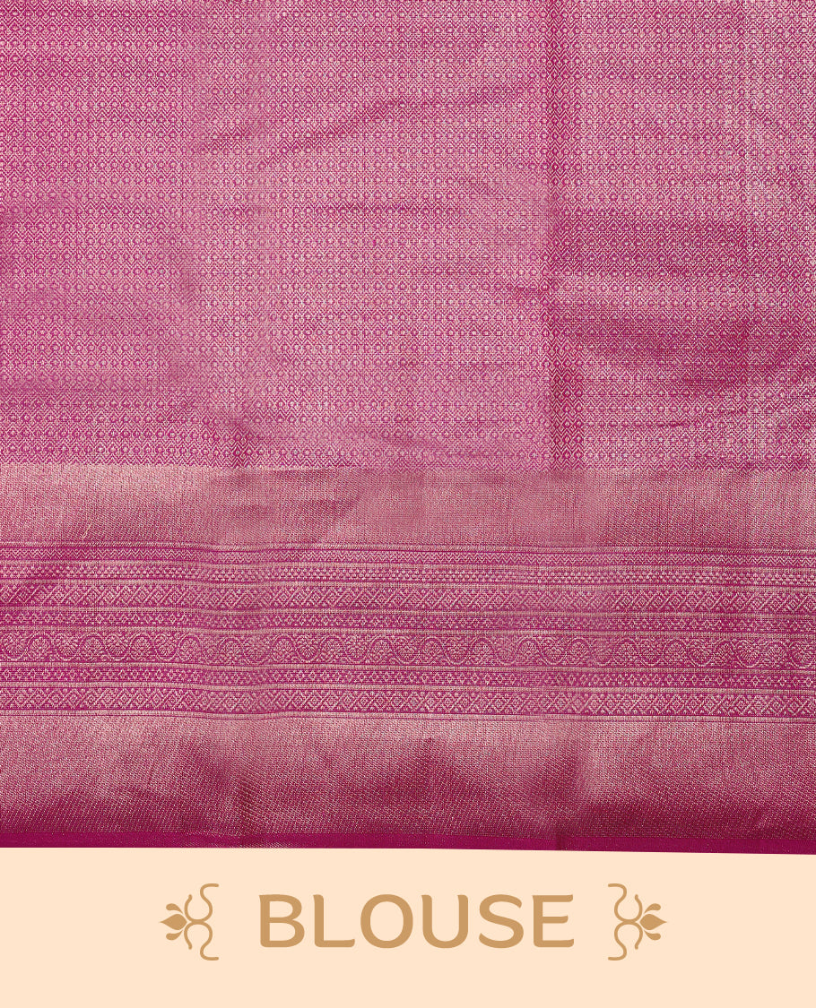 Pink Colour Manthrakodi saree featuring tissue weaving with a plain body, complemented by a self coloured traditional border and a matching self coloured blouse.