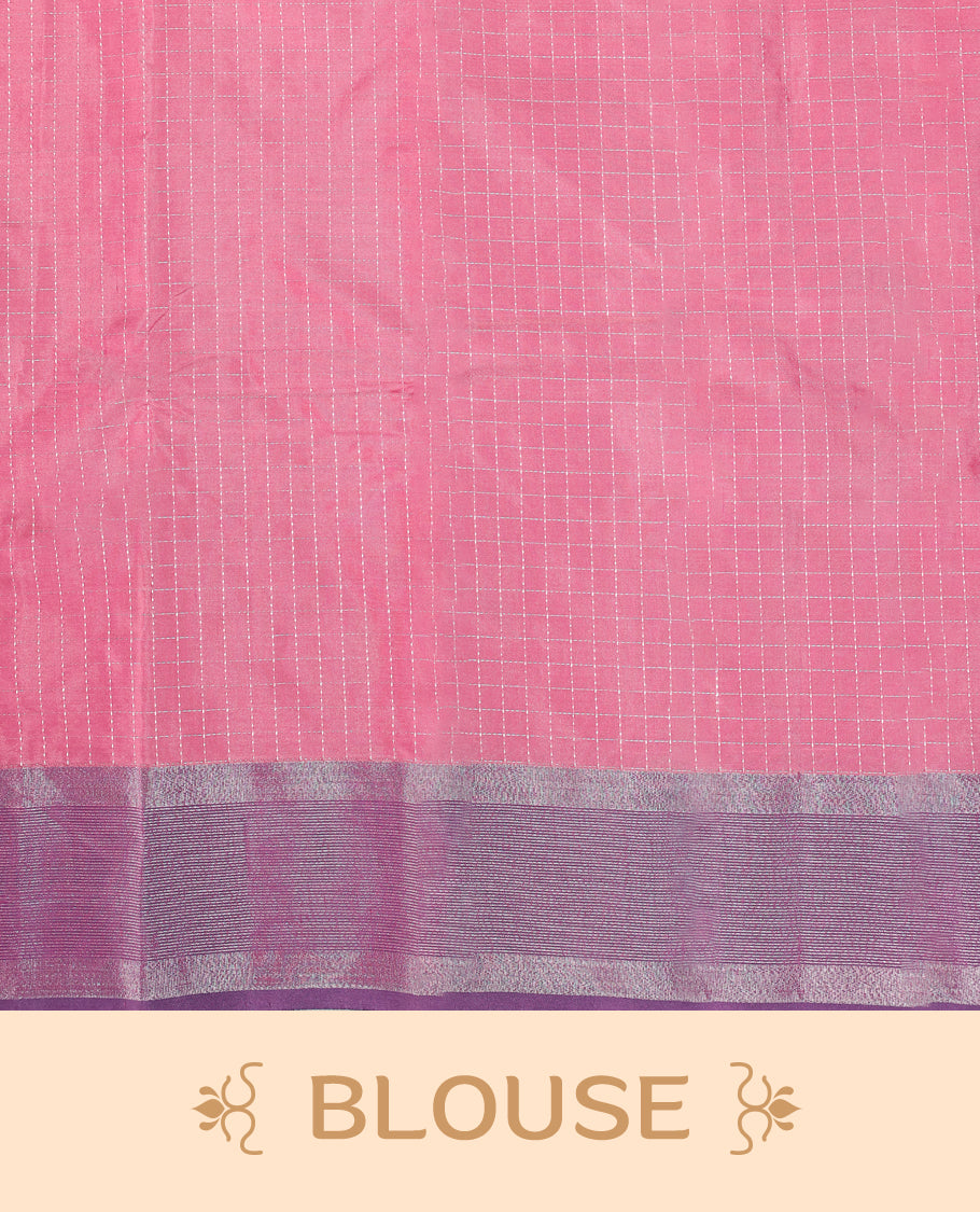 Rose pink Colour semi silk saree features delicate silver thread checks all over, paired with a Plum Colour zari border and a matching blouse