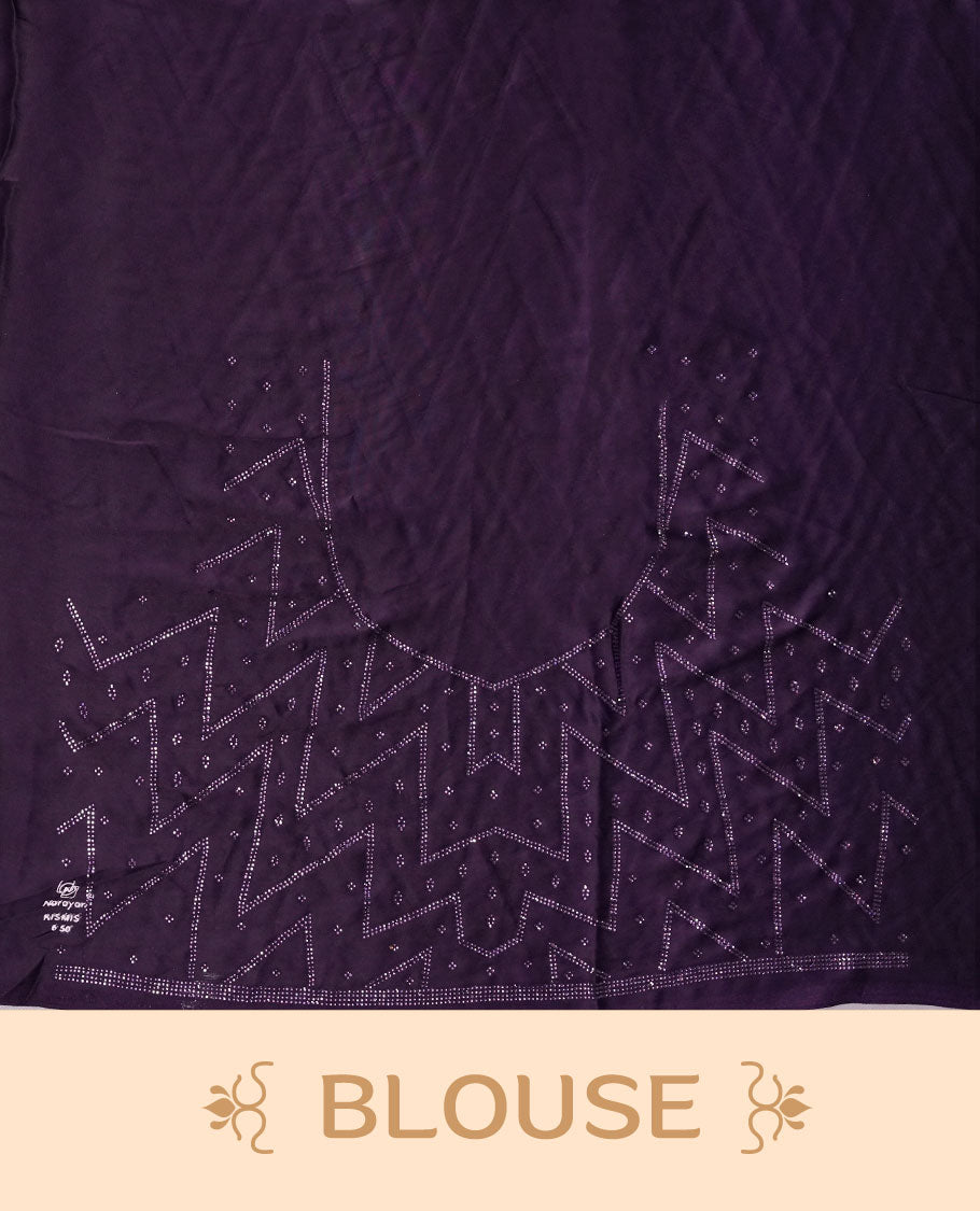 Dark violet Colour shimmer fancy saree adorned with red stone buttas all over the body, paired with a delicate stone worked border and matching blouse featuring floral vine stone embroidery