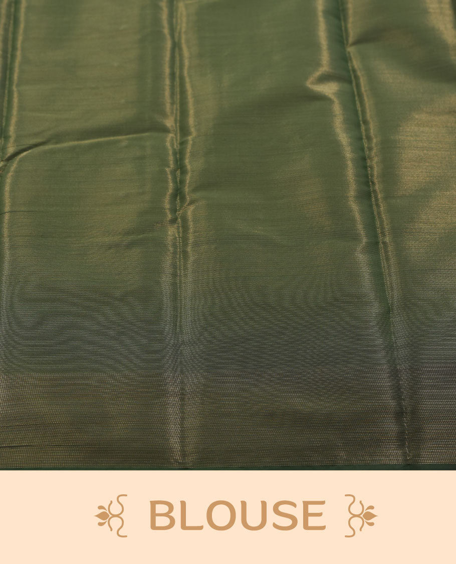 Maroon colour semi silk saree featuring neem zari Brocade Pattern all over the body, complemented by a Self Colour woven border with detailing with contrast green Colour Pallu & blouse.