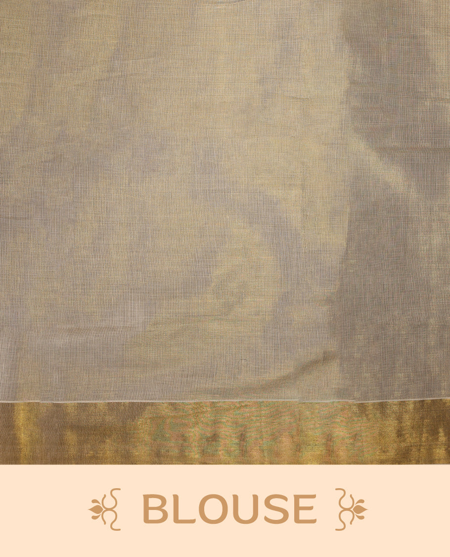 Elegant Light Gold colour Tissue Kerala saree featuring gold zari mango motifs on body, traditional golden zari kasavu border & Rich Pallu offering a classic and graceful look, paired with a matching blouse.