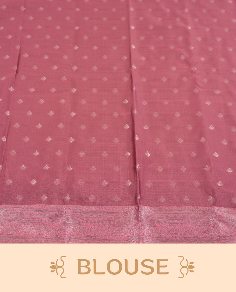 Champagne Beige colour Semi Silk Saree with Allover Subtle Floral Self-Weave on the Body, Contrasting Baby Pink Zari Woven Pallu and Border Featuring Intricate Geometric Motifs and Tassels, Paired with Coordinated Blouse Piece