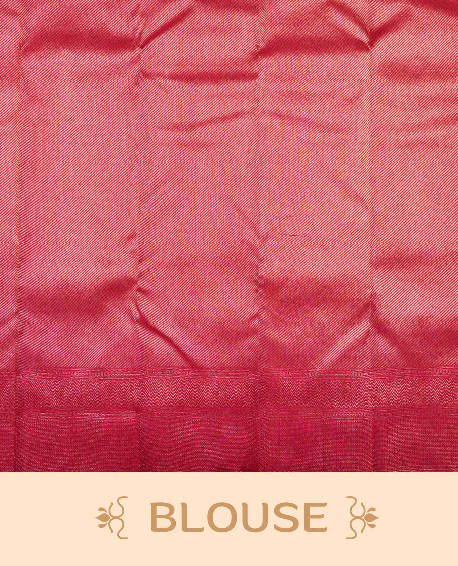 Ruby Red colour Kanchipuram pattern Manthrakodi saree featuring with geometric and banarasi floral antique zari weaving in kanchipuram zari jacquard body, self traditional border and zari jaquard blouse piece.