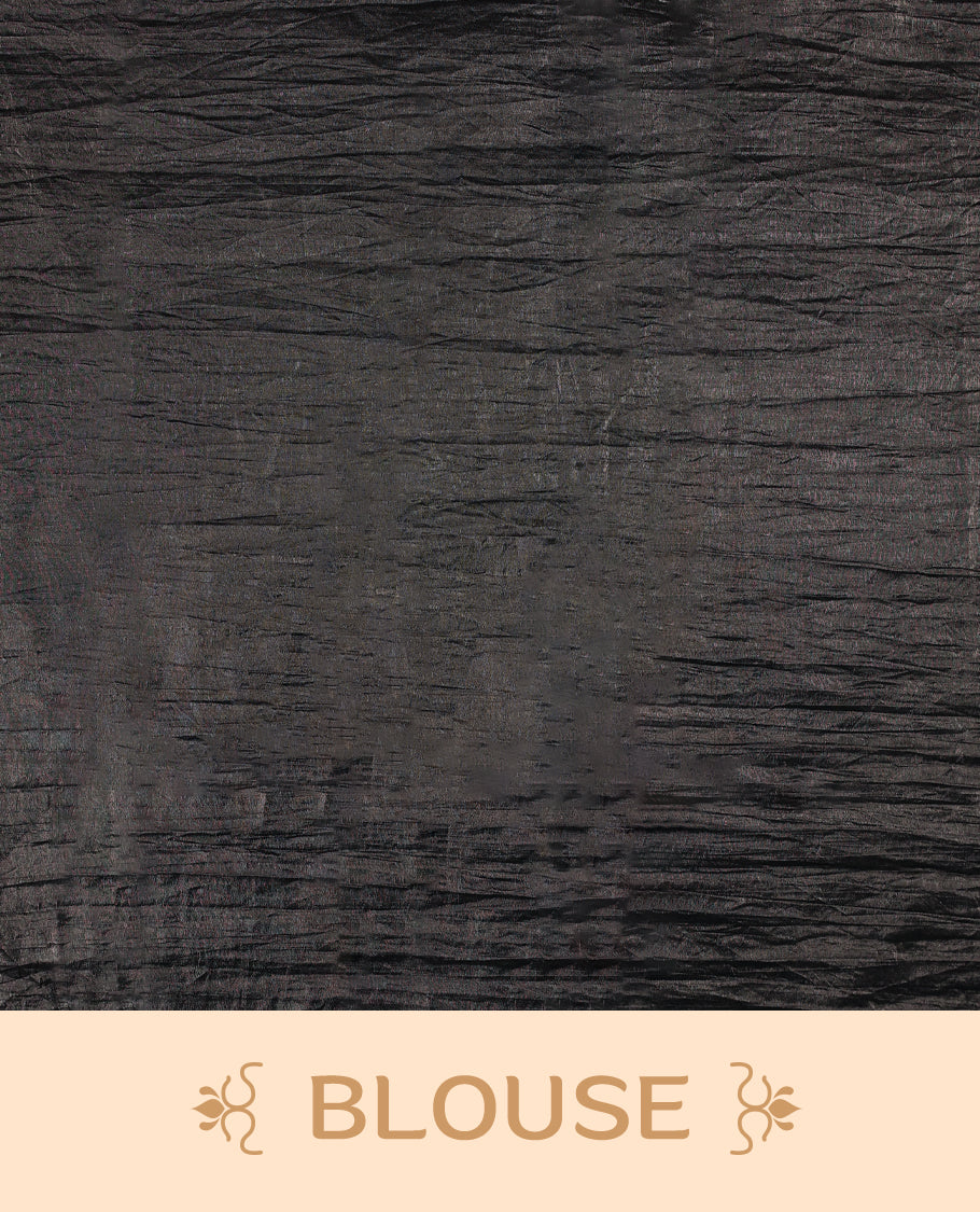 Black Colour crush soft silk saree, textured body with a natural crinkled finish, adorned with intricate self colored floral Motifs  and complemented by a delicate thread embroidery cutwork border, paired with a matching blouse