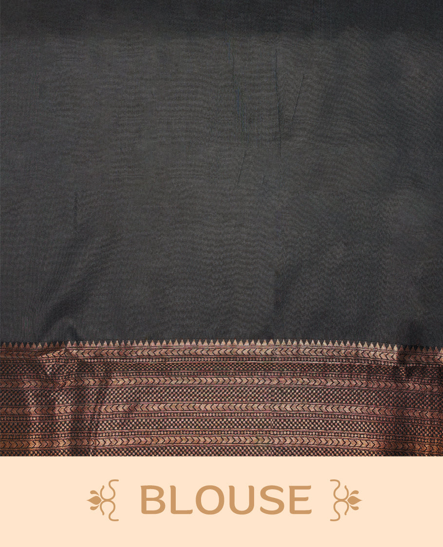 Beige colour semi silk brocade saree featuring intricate gold zari woven patterns across the body, paired with a rich Black and gold zari woven border in traditional motifs, with matching blouse