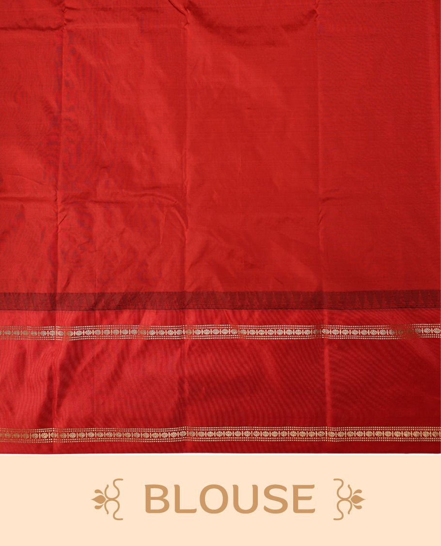 Black semi silk saree with plain body, vibrant red pallu and rich red border adorned with golden zari, accented with temple motifs along the edges, Paired with a matching blouse, perfect for festive occasions.