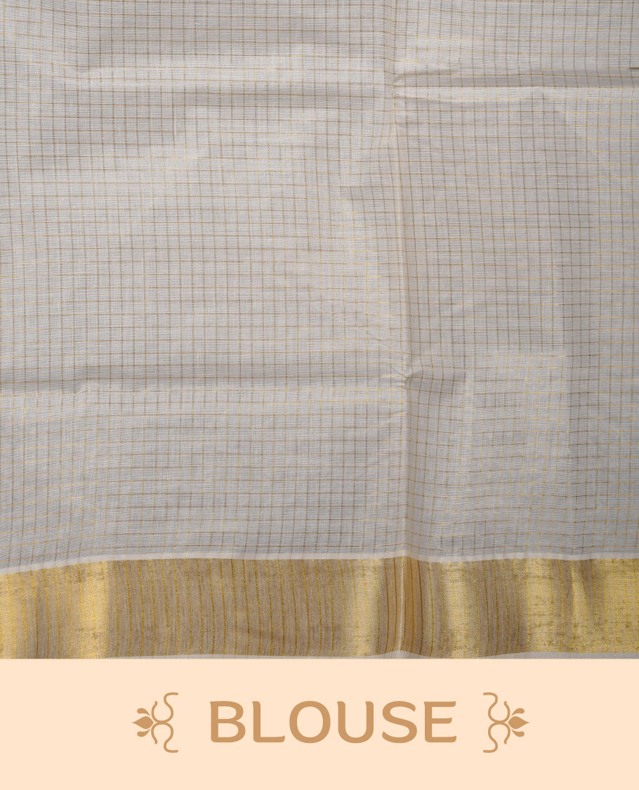 Off-white colour cotton Kerala saree featuring a subtle golden checkered body, highlighted with a classic gold kasavu border accented by fine red lines, and finished with a matching cotton blouse.