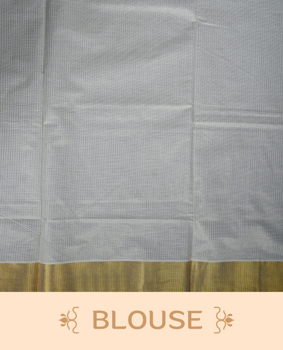 Off-white colour Kerala saree featuring floral border detailing with gold kasavu accents, complemented by a matching blouse piece.
