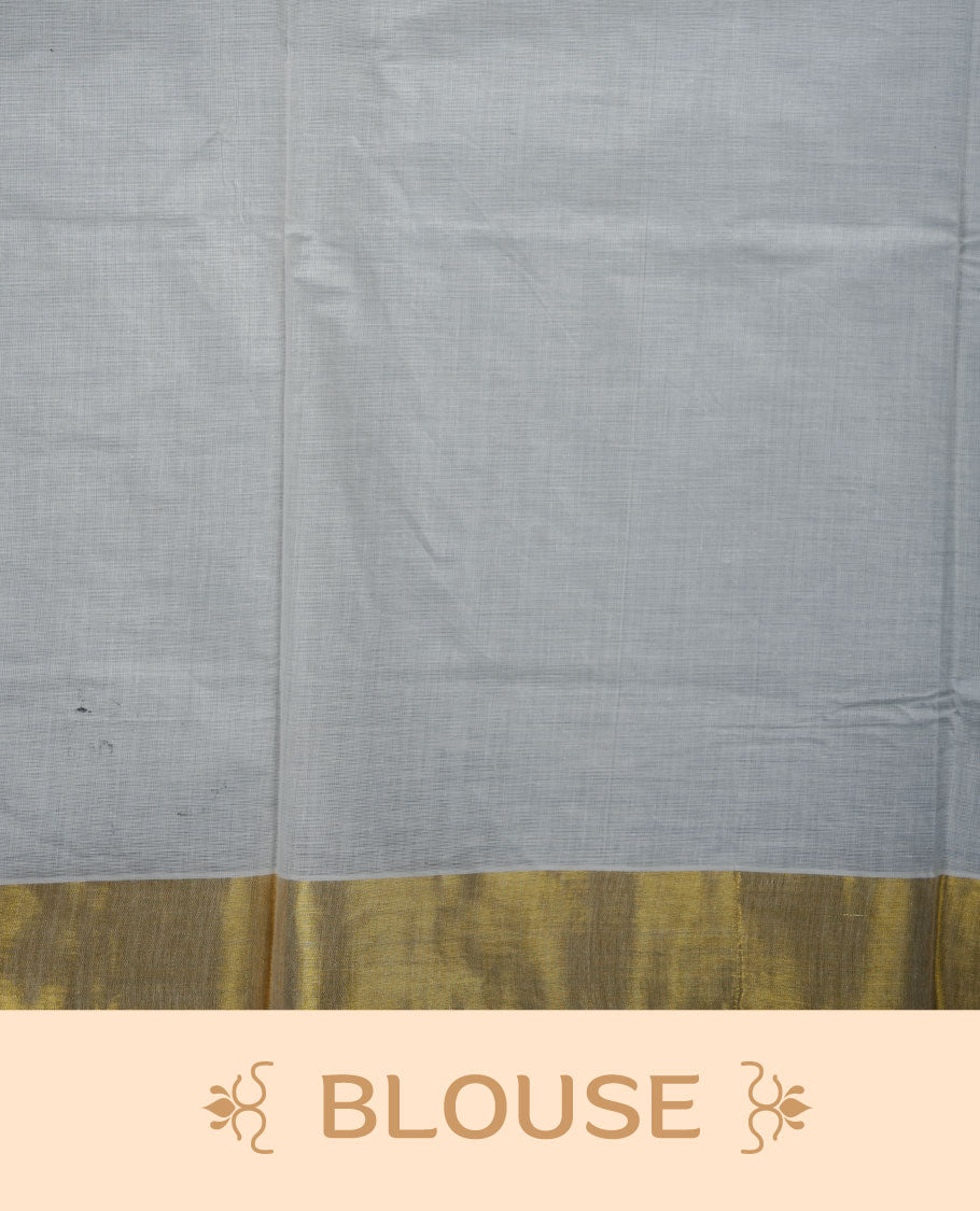 Off white colour cotton Kerala saree with floral printed borders, highlighted by a golden zari border and classic pallu, paired with a matching blouse.