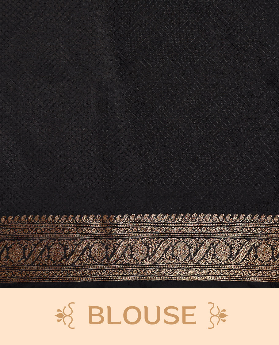 Black colour semi Banaras Katan silk saree featuring intricate Antique Bronze zari floral and vine patterns woven throughout the body, enhanced with a rich traditional border and detailed pallu, paired with a matching blouse piece.