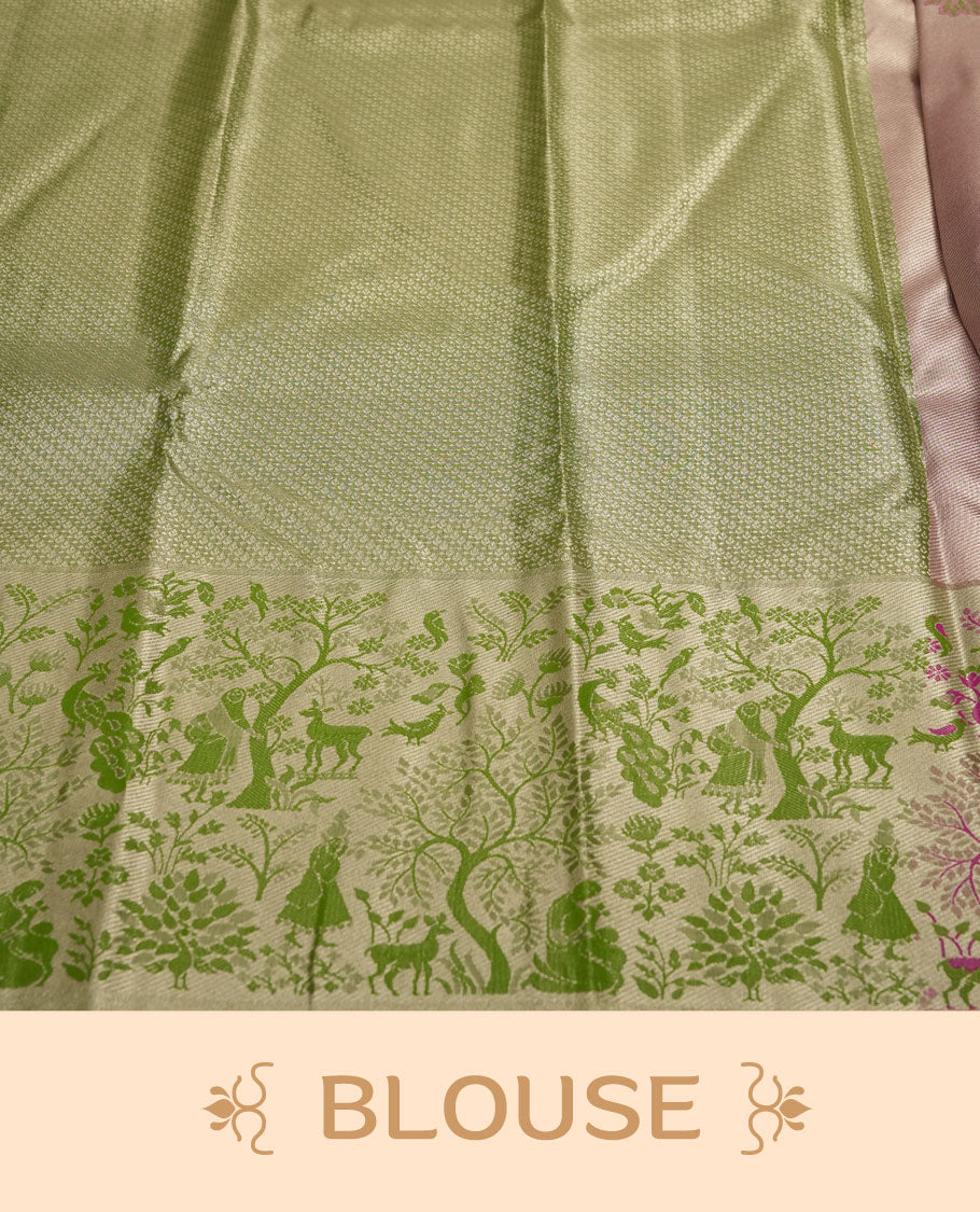 Light Pink Tissue Saree, Green and Magenta Forest Animal Print with Birds and Deer, Decorative Zari Border, Scalloped Pallu Design, with Matching Blouse