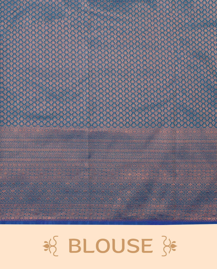 Blue colour Kancheepuram saree featuring an antique zari brocade body, complemented by a traditional border and a matching blouse.
