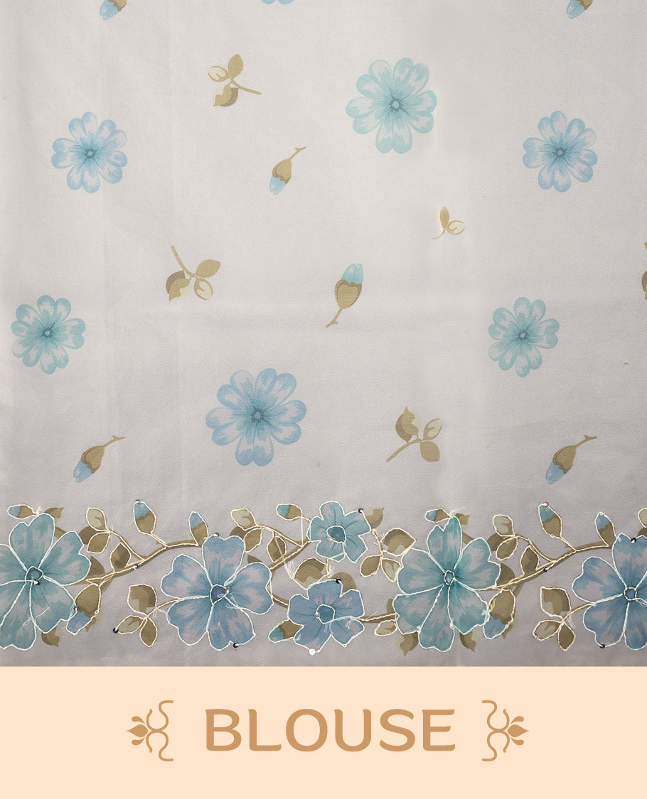 Ivory white colour organza saree adorned with aqua blue floral print with thread detailing on the border and pallu, in a sheer finish that adds elegance, paired with a matching blouse for a graceful look.