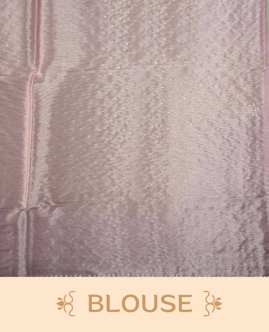 Pink colour net shimmer fancy saree adorned with scattered white stone buttas all over the body, paired with a delicate stone worked border and matching blouse.