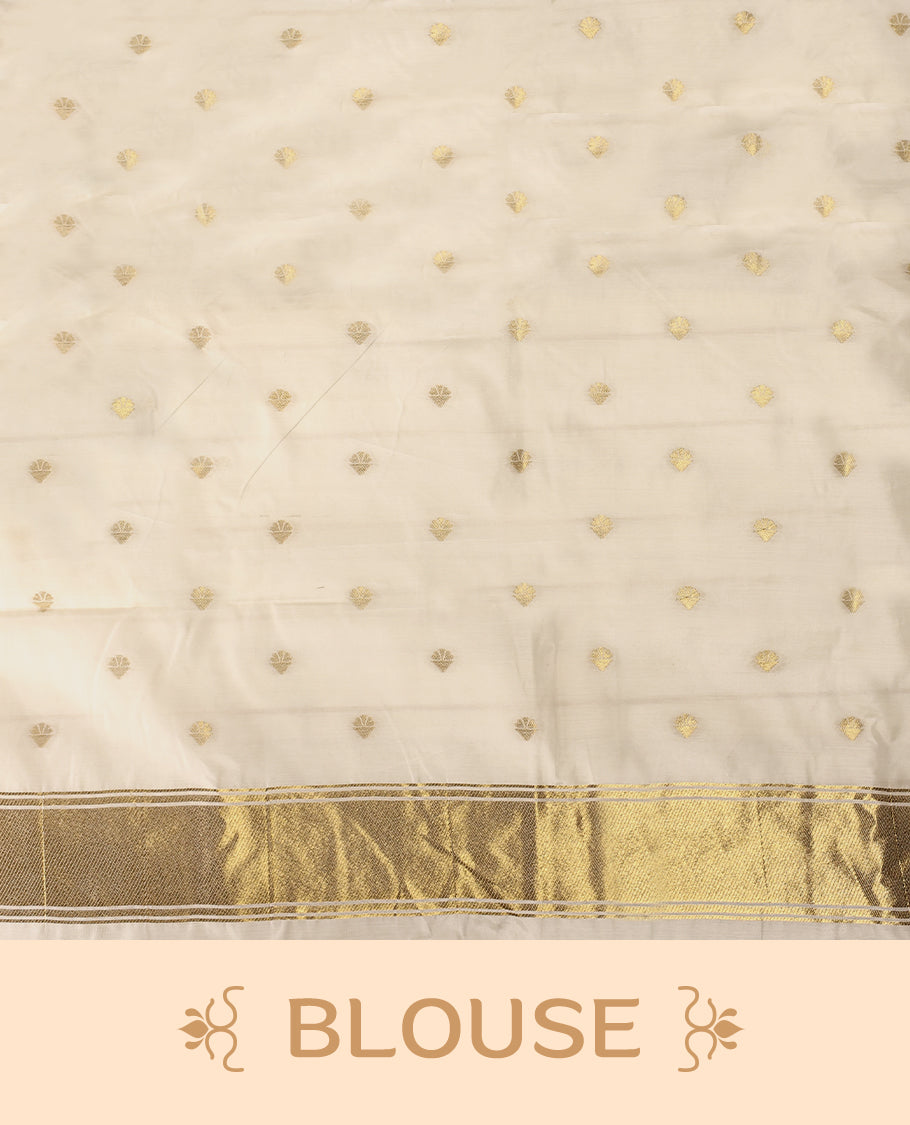 Elegant white colour sotf  Tussar Kerala saree featuring thin stripes on body, Gold kasavu border, Rich Pallu, Paired with matching blouse offering a classic and graceful look