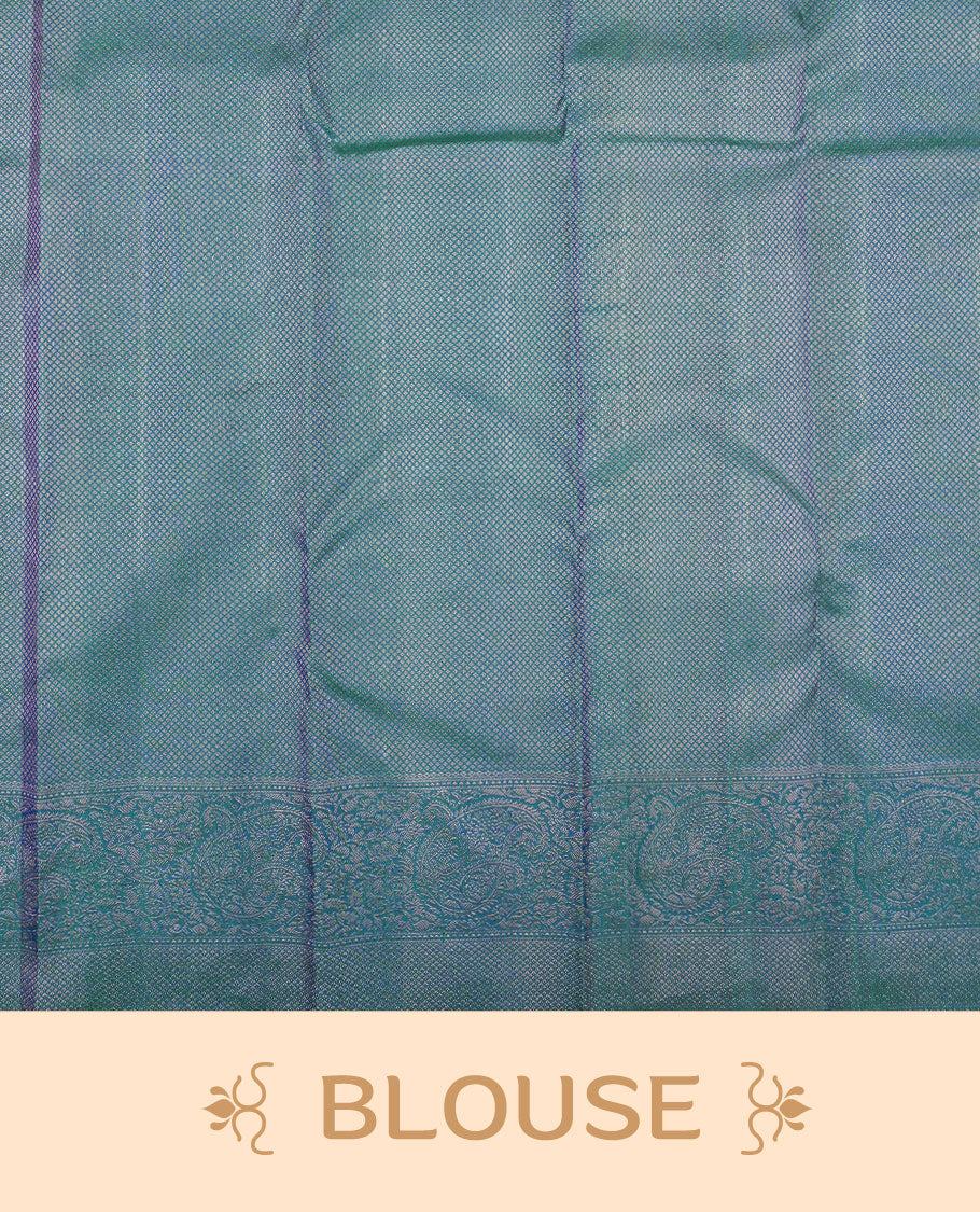 Peacock blue colour Kanchipuram pattern Manthrakodi saree featuring geometrical design antique copper zari floral pencil art jacquard design across the body, traditional mango & diamond designs on border, and self zari blouse piece.