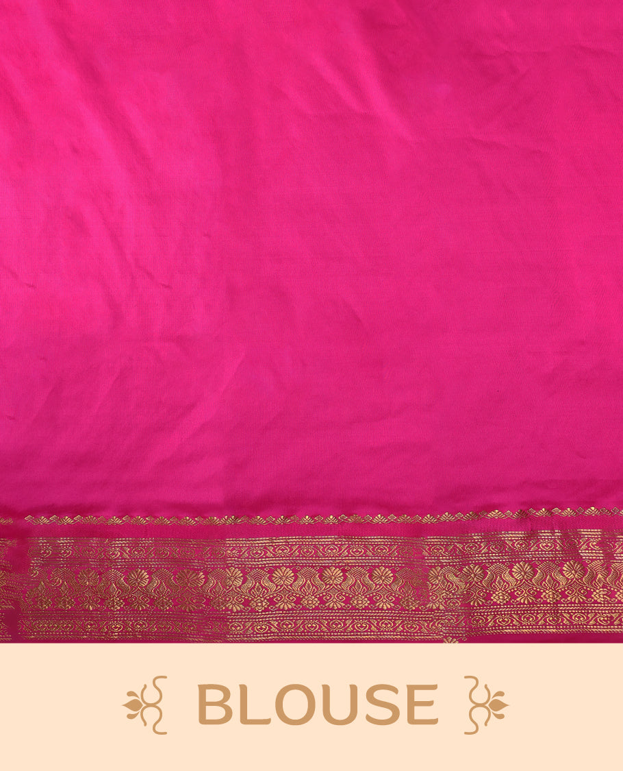 Deep Green colour Dharmavaram saree with small gold motifs on body, Magenta traditional border with intricate gold zari weaving, grand zari pallu, perfect for Bharatanatyam, with matching blouse.
