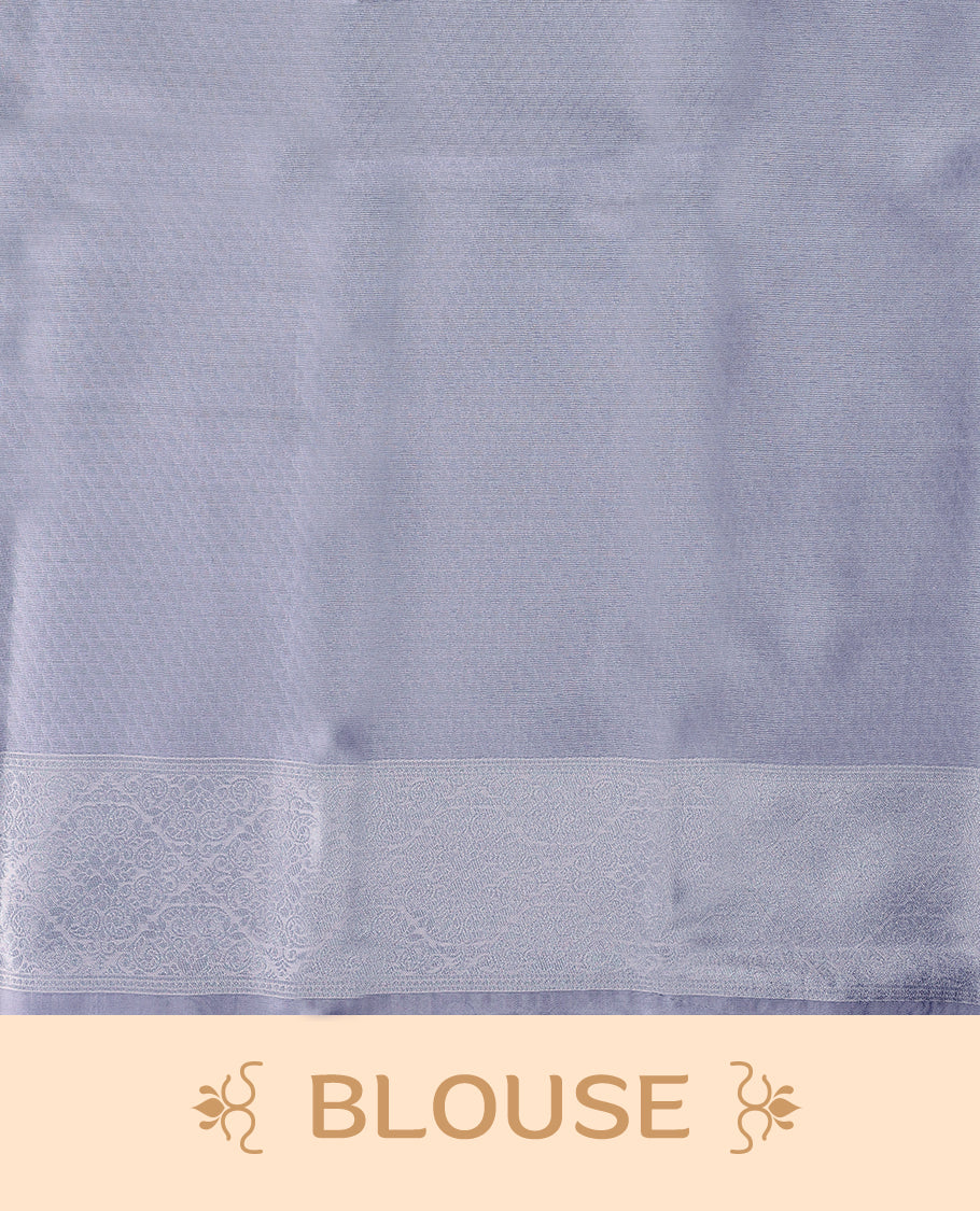Violet coloured semi silk saree featuring a Silver coloured Zari design on the body, paired with a Baby Blue coloured border and matching blouse.
