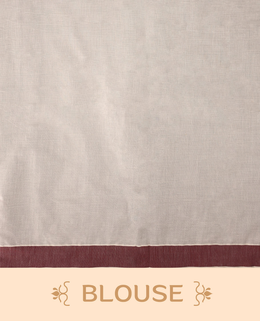 Elegant off white colour cotton Kerala saree featuring Plain body, Maroon colour border with temple designs, Paired with matching blouse offering a classic and graceful look, paired with a matching blouse.