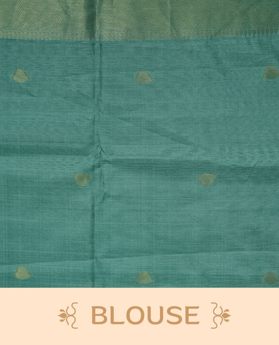 Mint colour semi tussar saree featuring woven Floral kodi & butterfly motifs on the body, complemented by a self colour without border pallu, paired with a matching blouse.