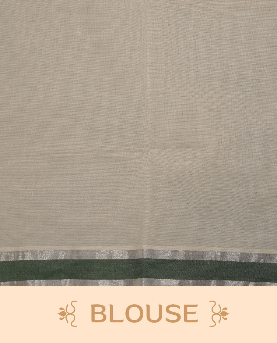 Off-white colour cotton Kerala saree featuring a subtle green border with silver zari accents, a clean plain body and pallu, and paired with a matching blouse.