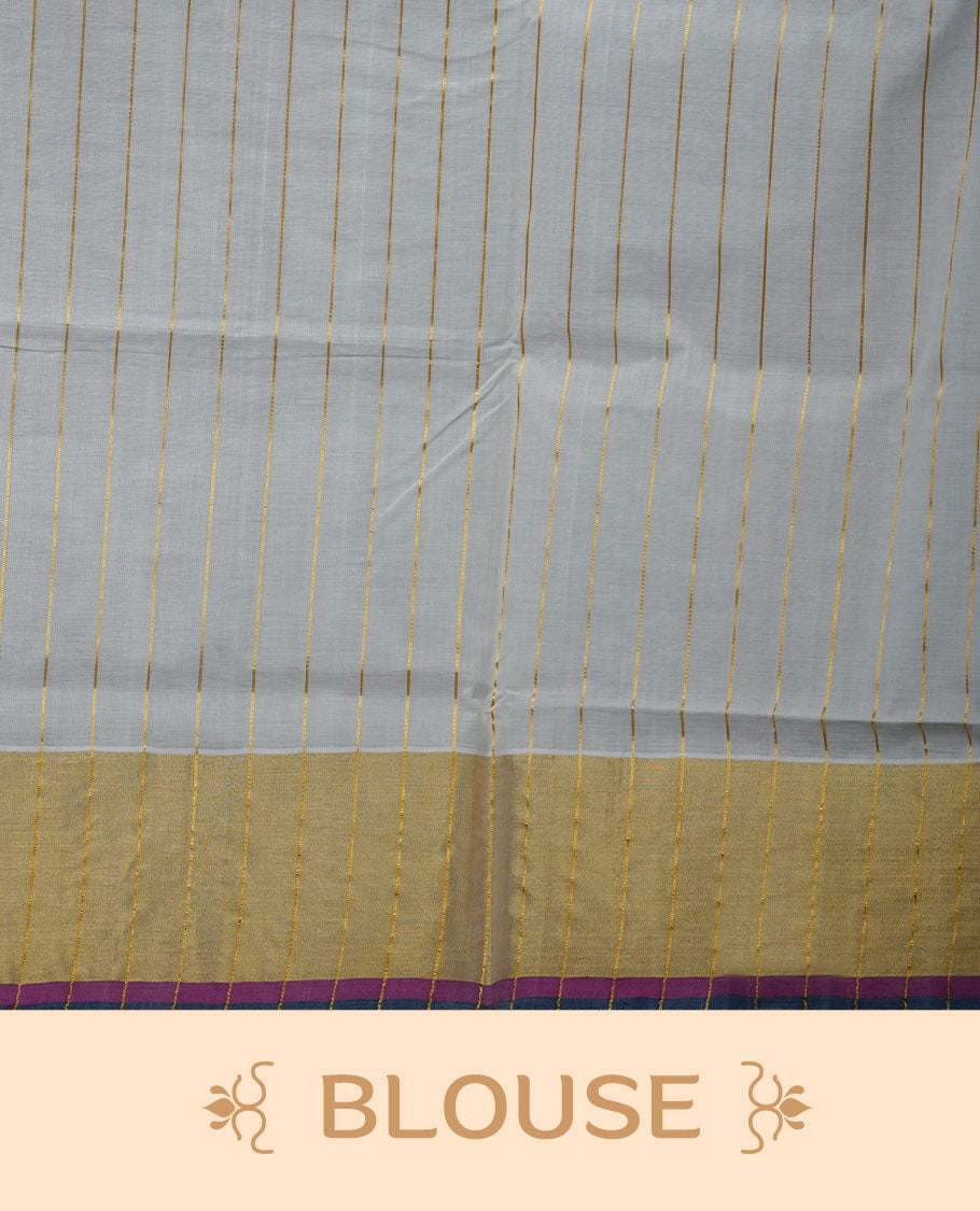Off-white colour kerala saree with fine gold stripes, rich zari border and pallu highlighted by elegant pink and blue edging, paired with a matching blouse.