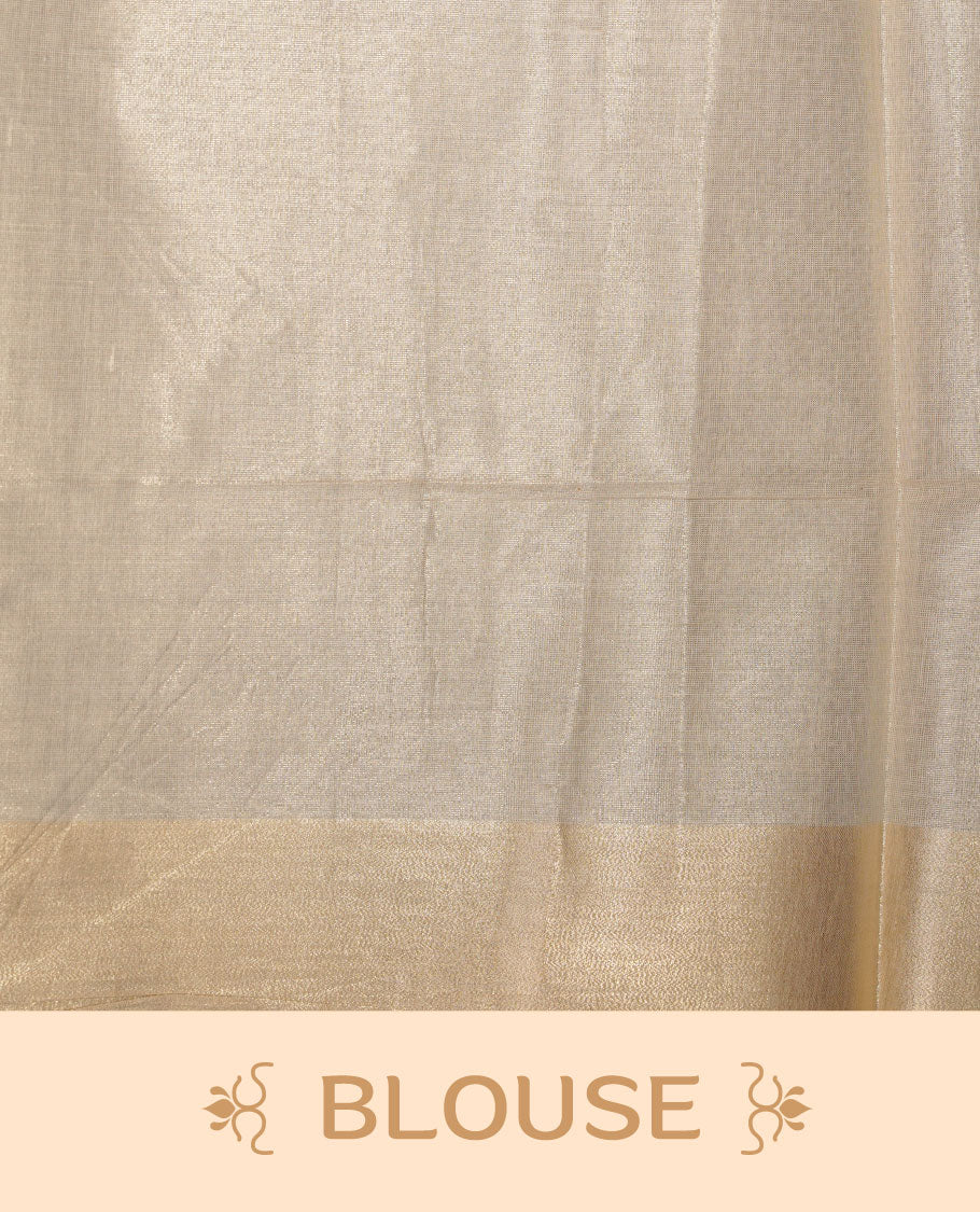 Off-white colour tissue Kerala saree, featuring a rich gold kasavu border and traditional Kalamkari-inspired peacock and elephant motifs across the body and pallu. Lightweight, breathable, and paired with a matching blouse.