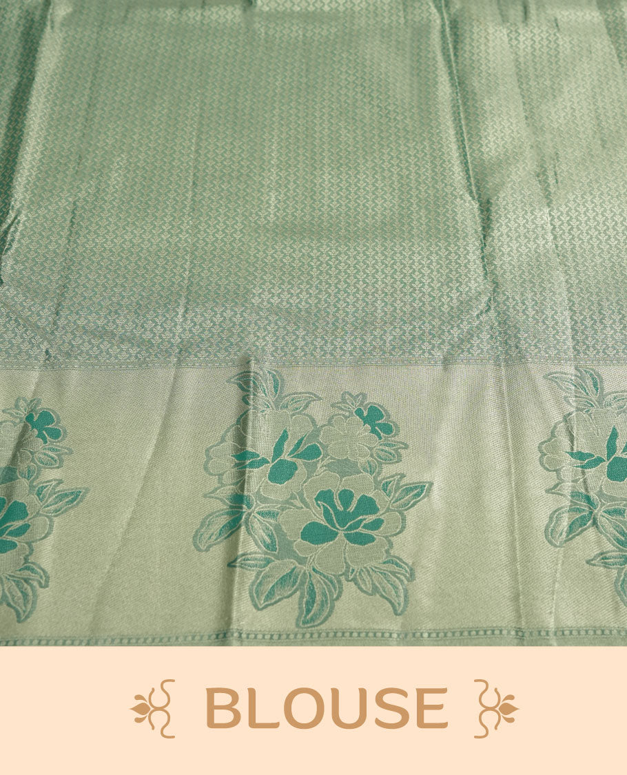 Mustrad orange colour and Antique gold Zari Tissue Brocade Saree features intricate floral Motifs on body and pastel green colour fancy border & pallu with floral patterns, paired with matching blouse