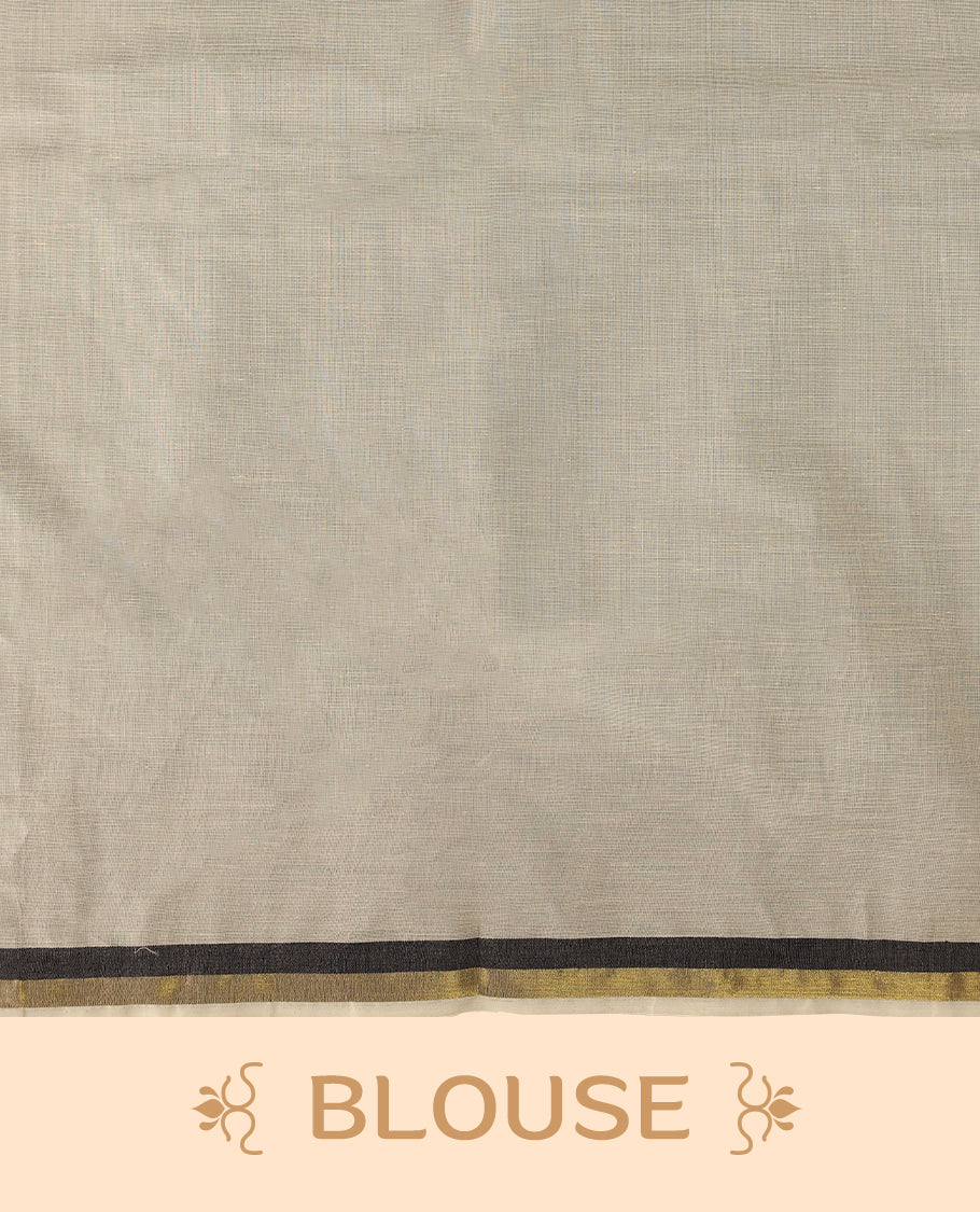 Elegant off white colour cotton Kerala saree featuring a plain body and traditional golden zari border with a hint of  Pure Black, offering a classic and graceful look, paired with a matching blouse.