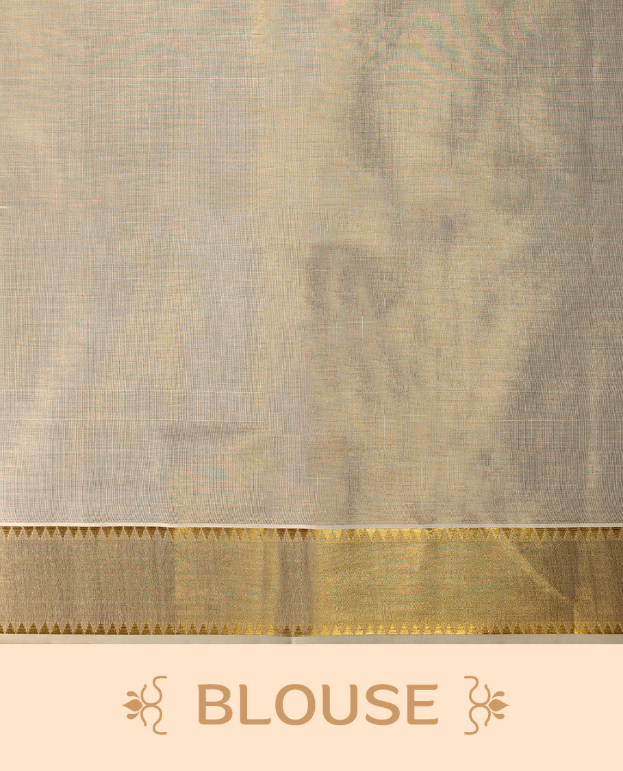 Elegant Light Gold colour Tissue Kerala saree featuring Plain body and traditional golden zari kasavu border offering a classic and graceful look, paired with a matching blouse.