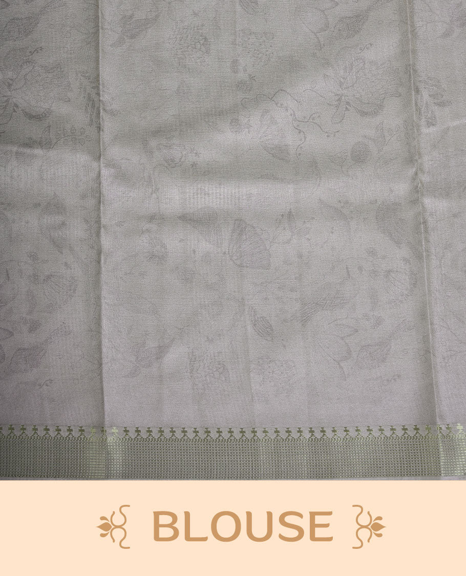 Cream colour semi tussar silk saree featuring all over floral and leaf motifs on the body with a subtle self border and tasselled pallu, paired with a matching blouse.