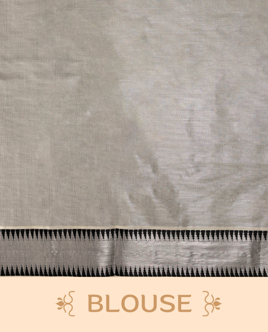 Elegant Tissue Kerala saree in off white colour featuring bold black paisley & floral motifs, woven on a sleek striped body with a striking black kasavu border and Paired with a matching blouse, perfect for festivities.