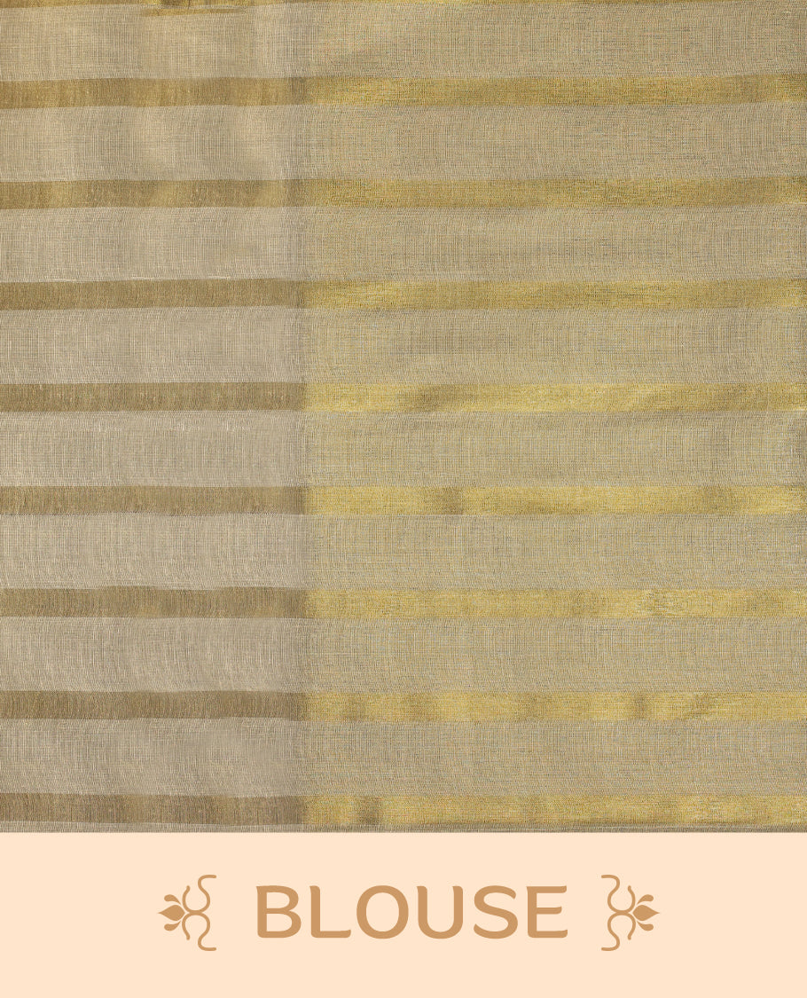 Light Gold colour Tissue Kerala saree featuring Gold zari Striped body, with Green colour tassels with a matching blouse perfect for festive occasions.
