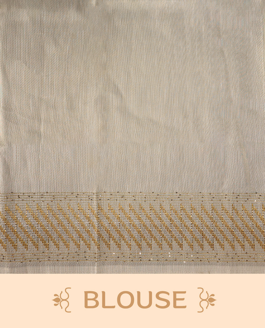 Ivory colour organza Kerala saree with golden zari detailing, featuring diagonal woven patterns on the pallu and border. Lightweight and elegant, it comes with a matching blouse piece for festive charm.