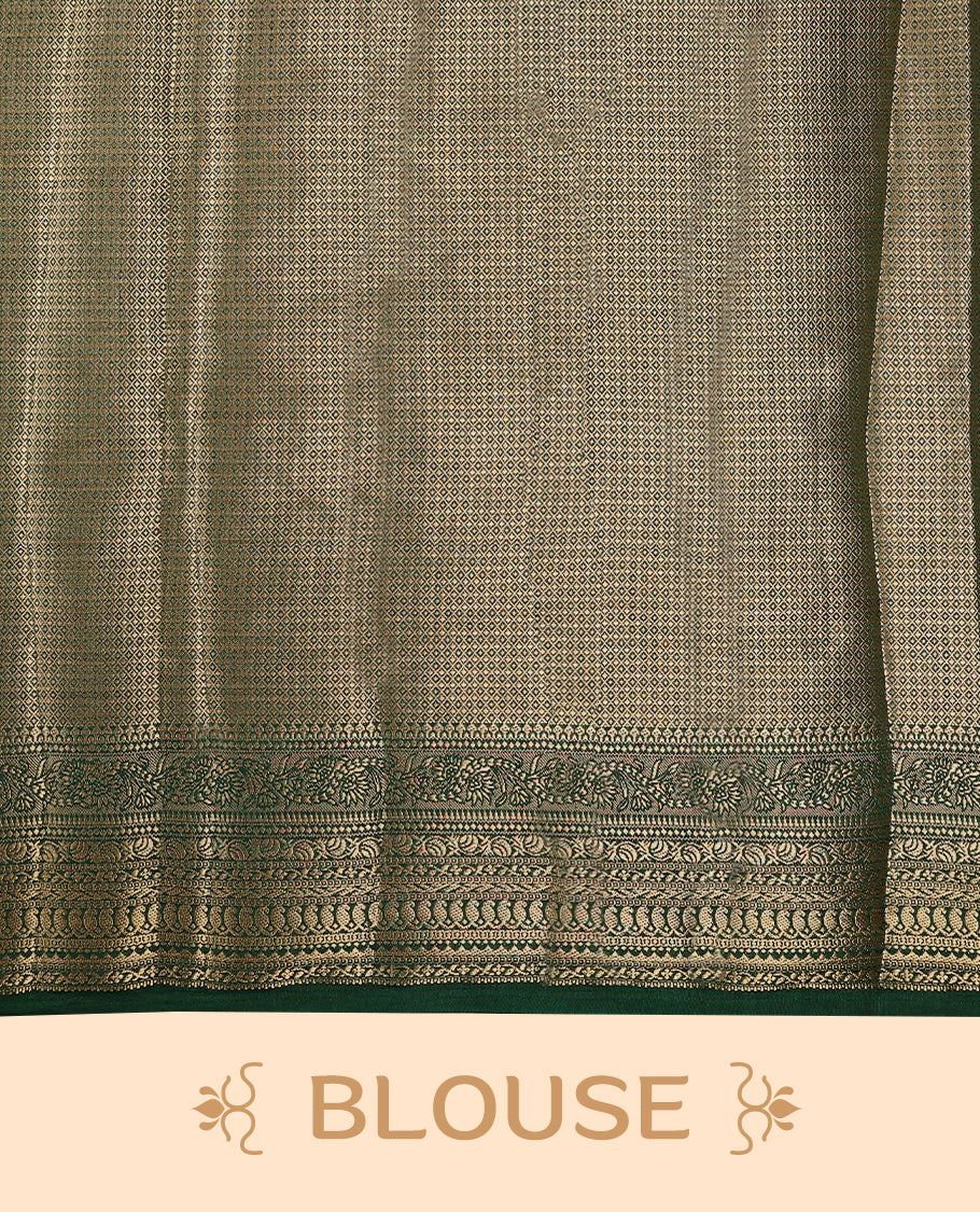 Black colour semi tussar silk saree with plain body, dark green colour traditional border, gold zari work pallu, paired with matching blouse