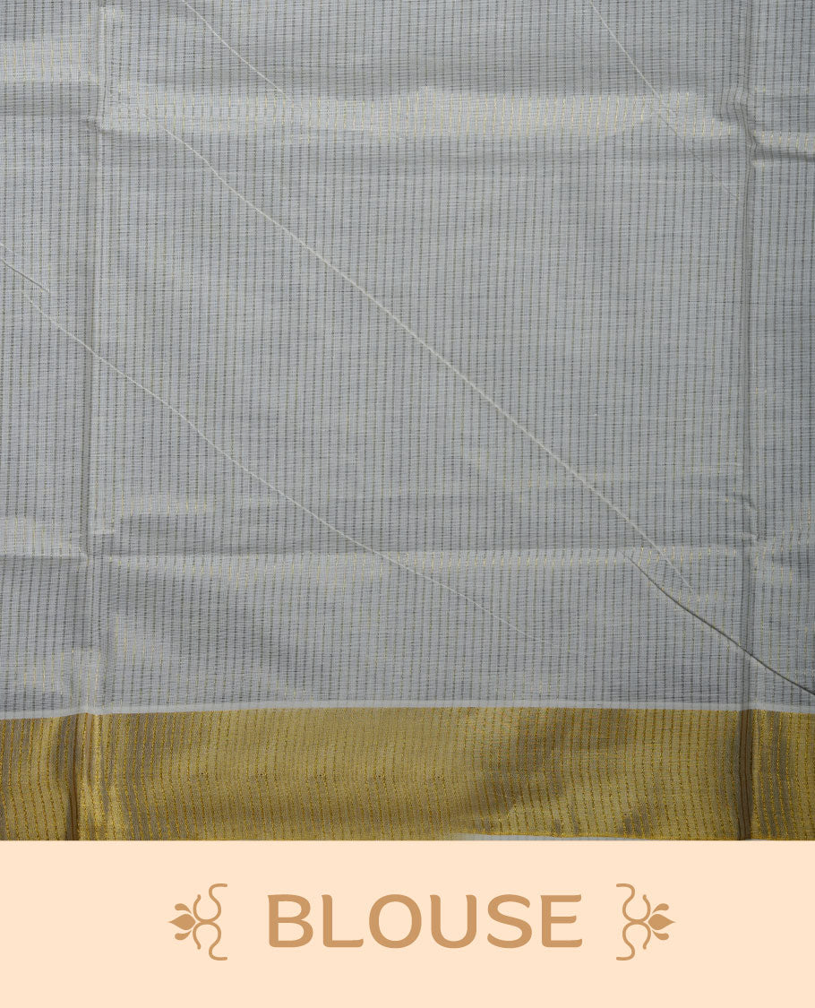 Off-white colour kerala saree featuring pink and purple colour floral border detailing with gold kasavu accents, complemented by a matching blouse piece.