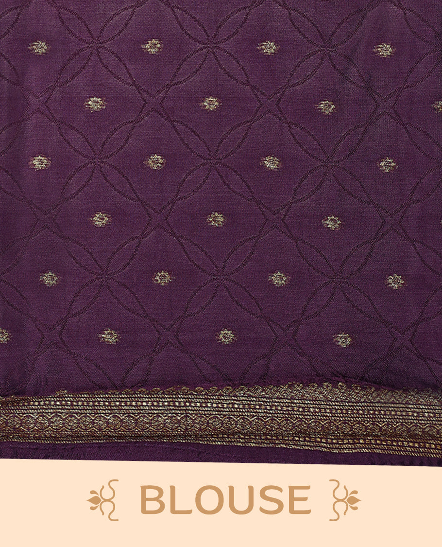 Lavender and purple double shade semi Banaras Tussar Georgette saree adorned with elegant antique gold zari floral motifs across the body, featuring a detailed woven border and grand pallu, paired with a matching blouse piece.