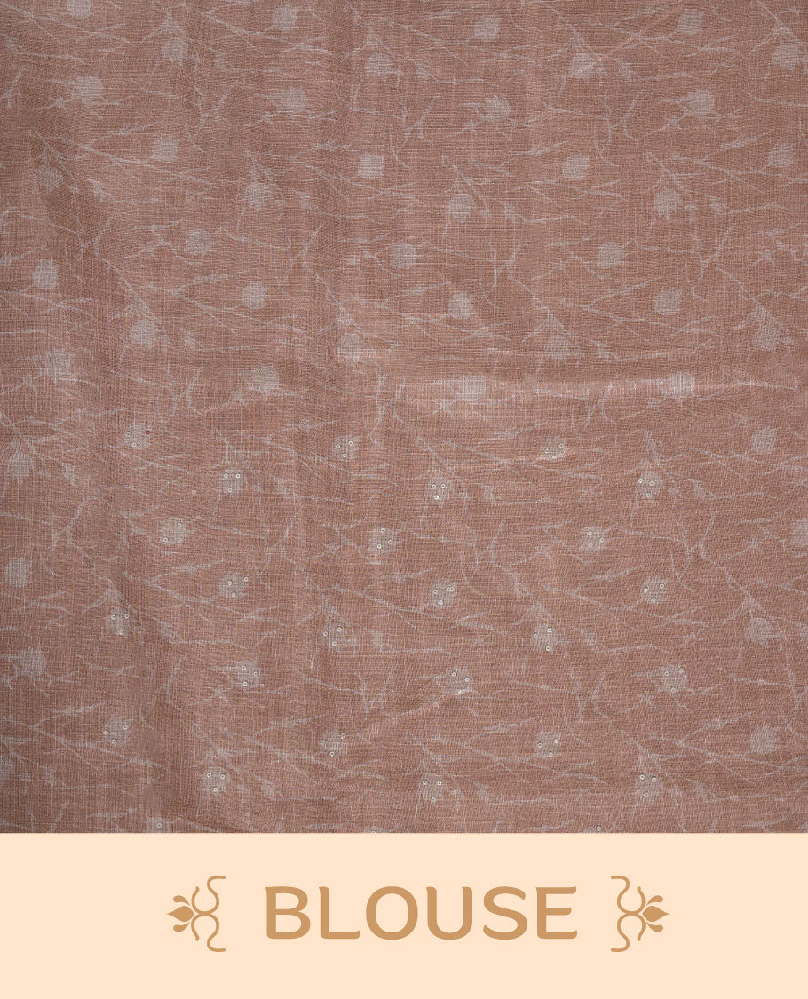 Light peach colour Linen saree featuring Peach colour fade border with floral beats pattern around floral print across body without border, pallu and matching blouse piece.